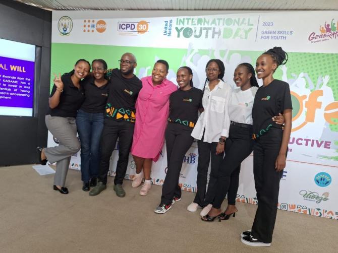 Hon Kasune with youth at the African Youth Adolescents Network For Population and Development Kigali Hub