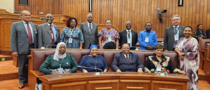 Speakers and Leaders of Delegations pose for a photo in the Mauritius National Assembly Chamber