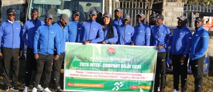 National Assembly of Zambia staff poses for a group photo during the 2026 Inter-Company Relay at the Lusaka, Showgrounds.
